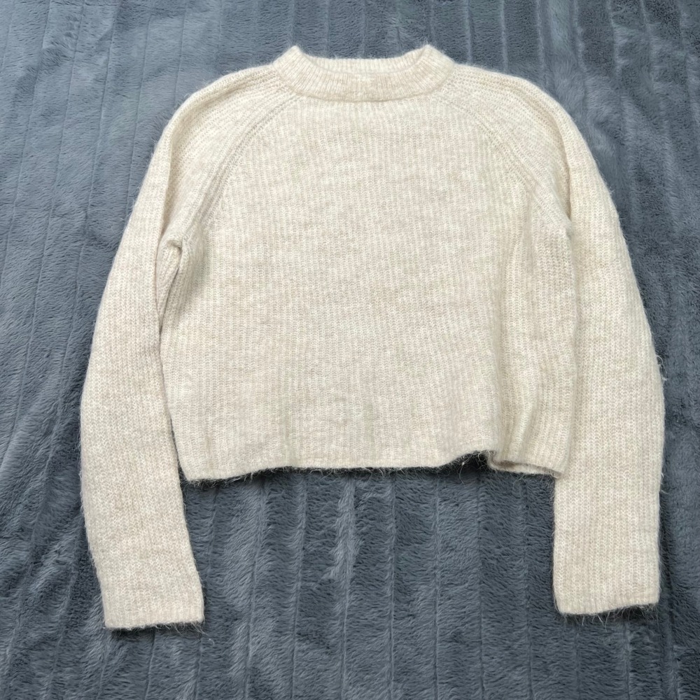 Zara Womens Alpaca Wool Blend Knit Cropped Sweater Cream Oatmeal Size M 12793
